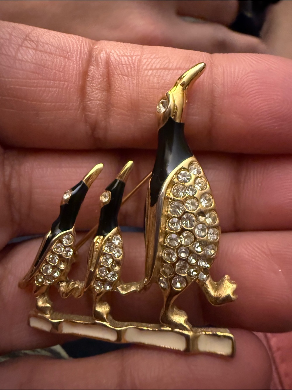 Gold-Tone Crystal Penguin Family Brooch Pin - Black & Gold Sparkle